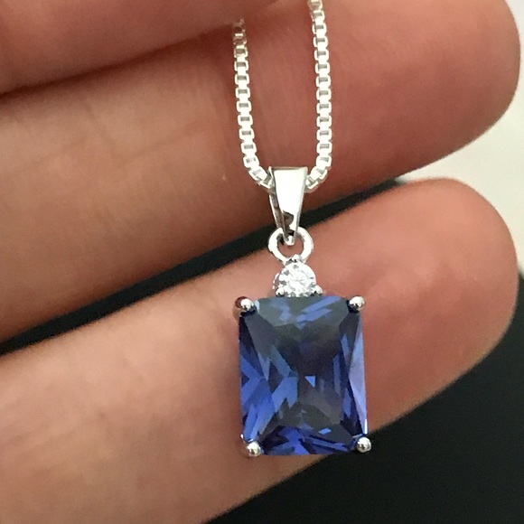 Sterling Silver Tanzanite CZ Pendant Necklace - Picture 5 of 8